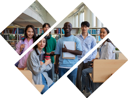 Diverse USC students collaborating in a library setting