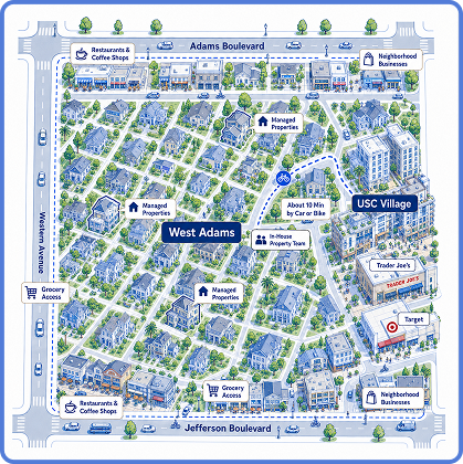 Map of West Adams neighborhood amenities near USC
